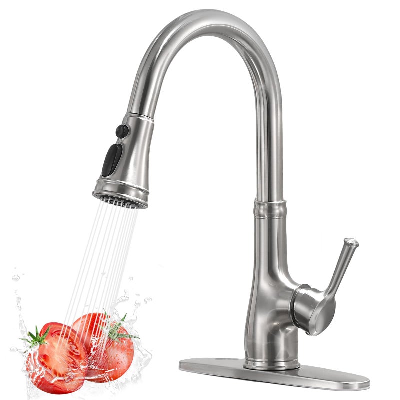 WEWE Vintage Kitchen Faucet with Pull Down Sprayer, Stainless Steel 1 or 3 Hole High Arc Single Handle Antique Sink Faucet for Classic Modern Ktichen, Brushed Nickel Bar & Prep Sinks - Image 1